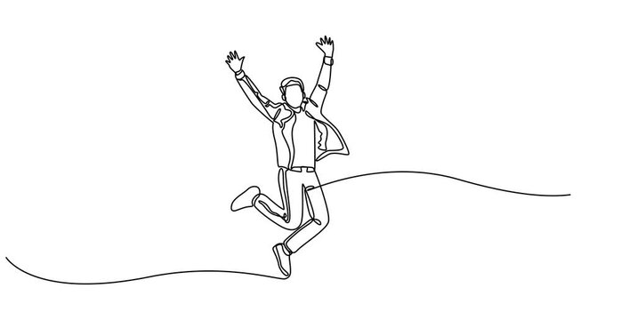 Animated self drawing of  Happy jumping celebrating illustration in continuous one line drawing. Happy person jumping high giving high five in one line draw. Editable vector,