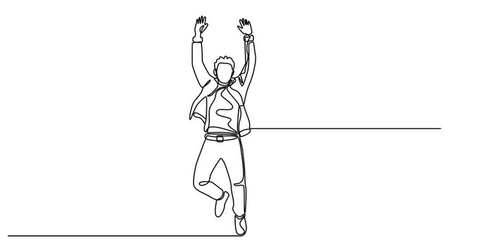 Animated self drawing of  Happy jumping celebrating illustration in continuous one line drawing. Happy person jumping high giving high five in one line draw. Editable vector,
