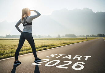 Woman Running on Road with Start 2026 Text in Fitness Outfit with Motivational Quote in Bright Sunny Day for New Year Resolution