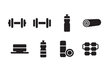 Fitness and Gym Equipment Silhouette Icon Set: Dumbbells, Water Bottle, Yoga Mat, and Abs Muscles Vector Illustration