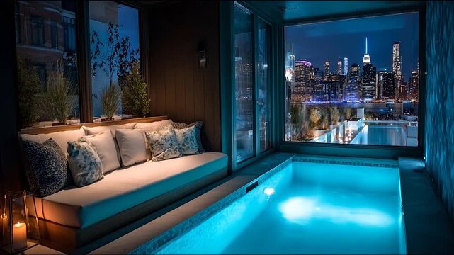 Luxury indoor pool with city view at night in a modern apartment
