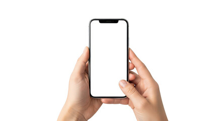 Two hands holding smartphone with blank white screen, mobile phone mockup isolated on transparent background
