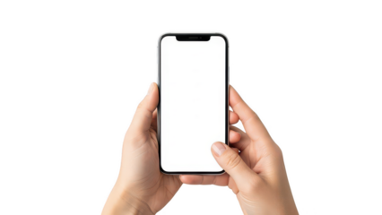Two hands holding smartphone with blank white screen, mobile phone mockup isolated on transparent background
