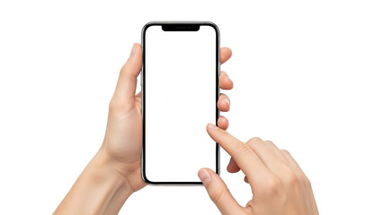 Hands holding smartphone with blank screen and tapping finger, mobile phone mockup for app UI presentation isolated on transparent background
