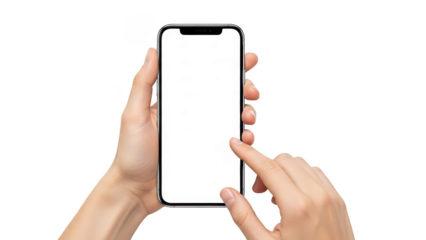 Hands holding smartphone with blank screen and tapping finger, mobile phone mockup for app UI presentation isolated on transparent background
