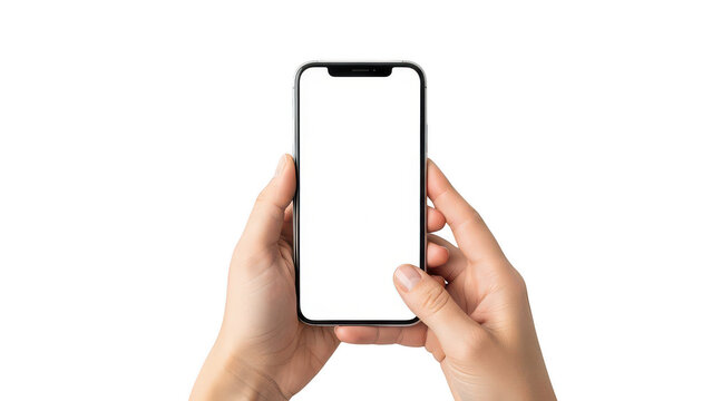 Two hands holding smartphone with blank white screen, mobile phone mockup isolated on transparent background
 - Powered by Adobe