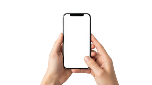Two hands holding smartphone with blank white screen, mobile phone mockup isolated on transparent background
 - Powered by Adobe