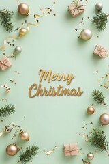 Merry Christmas vertical banner design. Christmas baubles, decorations, confetti on light green background. Top view, flat lay.