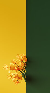 Yellow gladiolus flower on yellow green background with copy space. Spring concept design. 3D Rendering, 3D Illustration