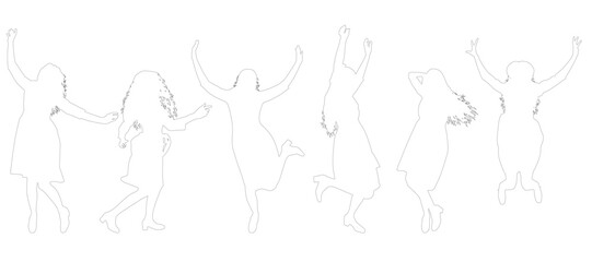 Cheerful women contours in various poses, set. Vector illustration