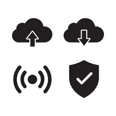 Cloud Computing and Cyber Security Silhouette Icon Set: Upload, Download, WiFi Signal, and Protection Shield