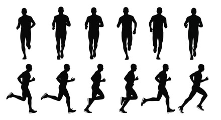 Collection of running man silhouettes on white background vector