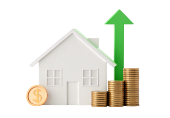White house model with dollar coin and stacked coins with green arrow, isolated on a transparent background