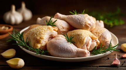 Raw chicken pieces arranged on white plate with sprigs of rosemary, surrounded by garlic cloves and peppercorns on wooden table, creating rustic and fresh culinary scene