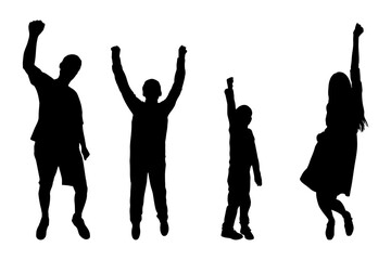 Family silhouettes with raised arms, celebrating victory and achievement, Vector illustration