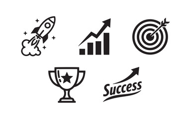 Business Success and Growth Symbol Set: Rocket Launch, Target Goal, Chart, and Trophy Vector Illustration