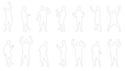 Collection of men contours cheering, jumping, and showing thumbs up gestures. Vector illustration