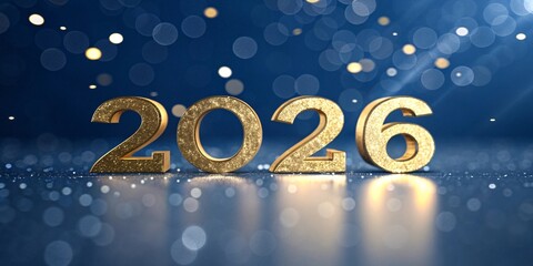 Golden 2026 numbers on sparkling blue background with bokeh lights