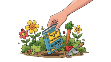 Hand planting a book in a garden metaphor for growing imagination