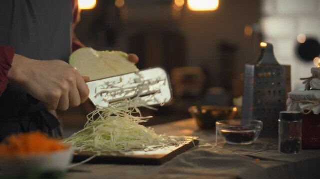A skilled cook utilizes a specialized tool to chop cabbage into chopped, uniform pieces, intended for a dish, leveraging faster slicing and efficient cutting techniques
