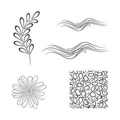 Hand Drawn Organic Botanical and Abstract Line Art Set: Leaf, Flower, and Wavy Textures Vector Illustration