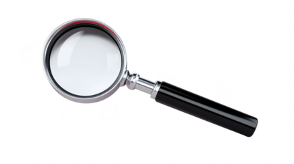 Magnifying glass with black handle, isolated on transparency background, used for inspection, search, and investigation, symbolizing curiosity and discovery