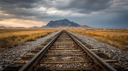 Dramatic perspective of railway tracks leading towards a distant mountain under a cloudy sky.