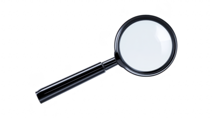 Magnifying glass with black handle, isolated on transparency background, used for inspection, search, investigation, and analysis, symbolizing curiosity and focus