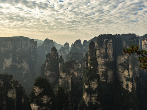 View of towering sandstone pillars piercing through mist, under a textured sky, ancient formations etched by time and weather, Zhangjiajie, Hunan, China.