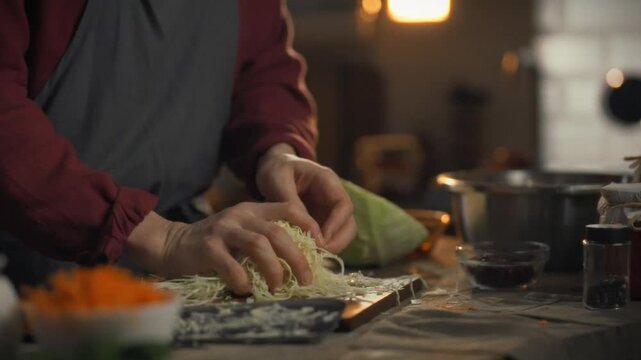 A cook meticulously folds shredded cabbage into a bowl in the kitchen, preparing a vegetarian starter, emphasizing sustainable produce and craft cooking with a potential brine treatment