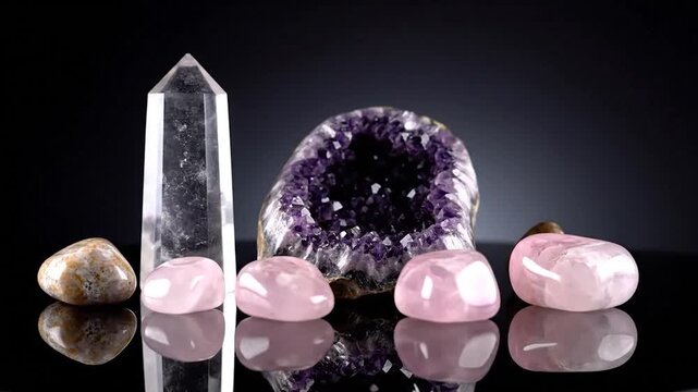 Polished crystals and geodes are arranged on a reflective surface against a dark backdrop