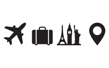 Obraz premium Global Travel and Tourism Icon Set: Airplane, Suitcase, Landmarks, and Location Pin Silhouette