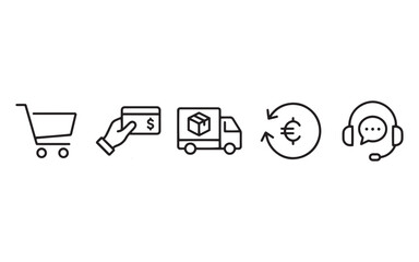 E-Commerce and Online Shopping Essentials Line Icon Set: Cart, Payment, Delivery, and Support Vector Illustration