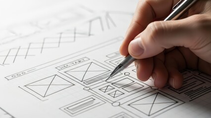 Close-up of a hand sketching a website wireframe on paper.