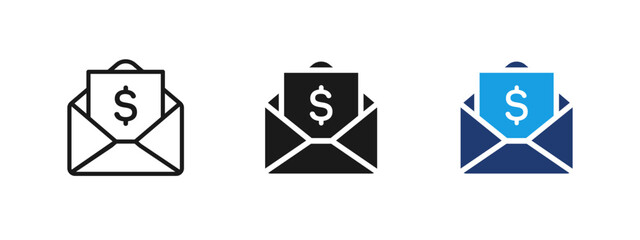 Money envelope icon for salary, cash transfer and income. Financial concept for banking, payroll, bonus payout, transactions, revenue and money receiving in business and personal finance projects.