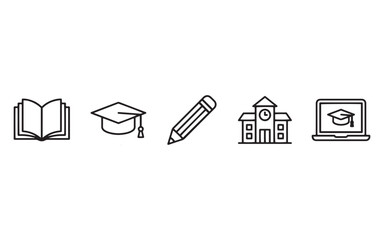Education and E-Learning Line Icon Set: Book, Graduation Cap, Pencil, School, and Laptop Vector Illustration