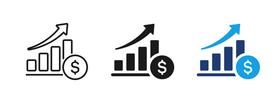 Financial growth icon with rising bar chart, upward arrow and dollar coin. Concept of profit increase, revenue growth, income, investment success and financial performance.