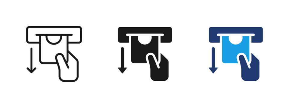 ATM cash withdrawal icon showing hand taking money from bank machine. Concept of banking transaction, cash out, finance and payment operation for mobile apps, fintech interfaces and UI design.