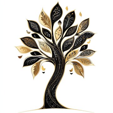 Elegant black and gold tree illustration against a bright white background.