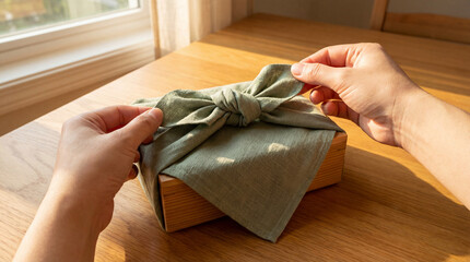 Step-by-step DIY furoshiki gift wrapping with green cloth and wooden box. Perfect visual guide for sustainable packaging, branding tutorials and eco gift campaigns.