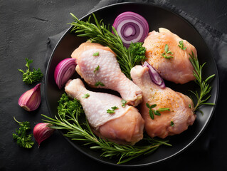 Raw chicken drumsticks and thighs on black plate with fresh rosemary, parsley, and sliced red onions, creating rustic and appetizing presentation