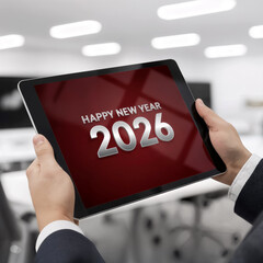 person holding a tablet with a new year greeting and numbers two thousand twenty-six