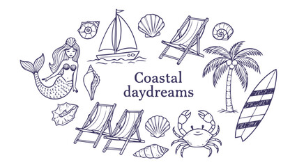 Coastal daydreams with mermaid and beach elements Vector, illustration