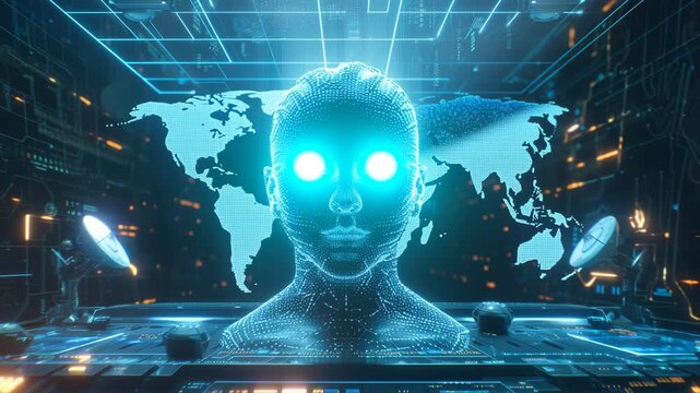 A futuristic depiction of an artificial intelligence s face emerging from a digital world map and complex circuit patterns 4k Video