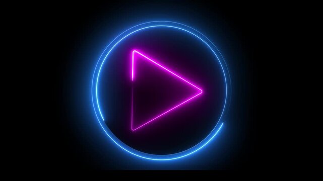 Neon pink blue color play button icon animation glowing audio video start stop player circle media push button icon with black background