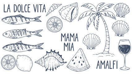 La dolce vita amalfi coast illustration with seafood and palm tree Vector, illustration