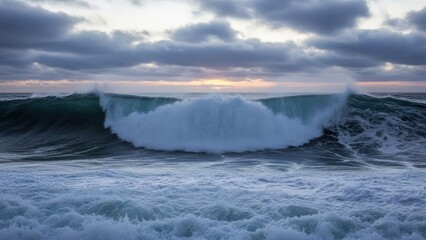 Dramatic ocean wave cresting under cloudy skies, the water crashing