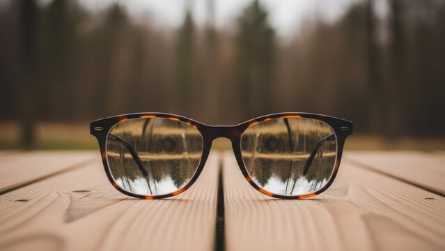 Eyeglasses reflecting a blurred landscape on a wood surface, focused and centered