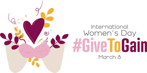 International Women's Day 2026 concept logo. #GiveToGain Palms together, extended forward in a gesture of offering.