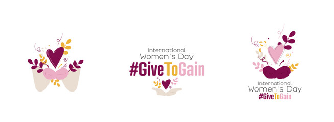 International Women's Day 2026 concept logo set. #GiveToGain Palms together, extended forward in a gesture of offering.